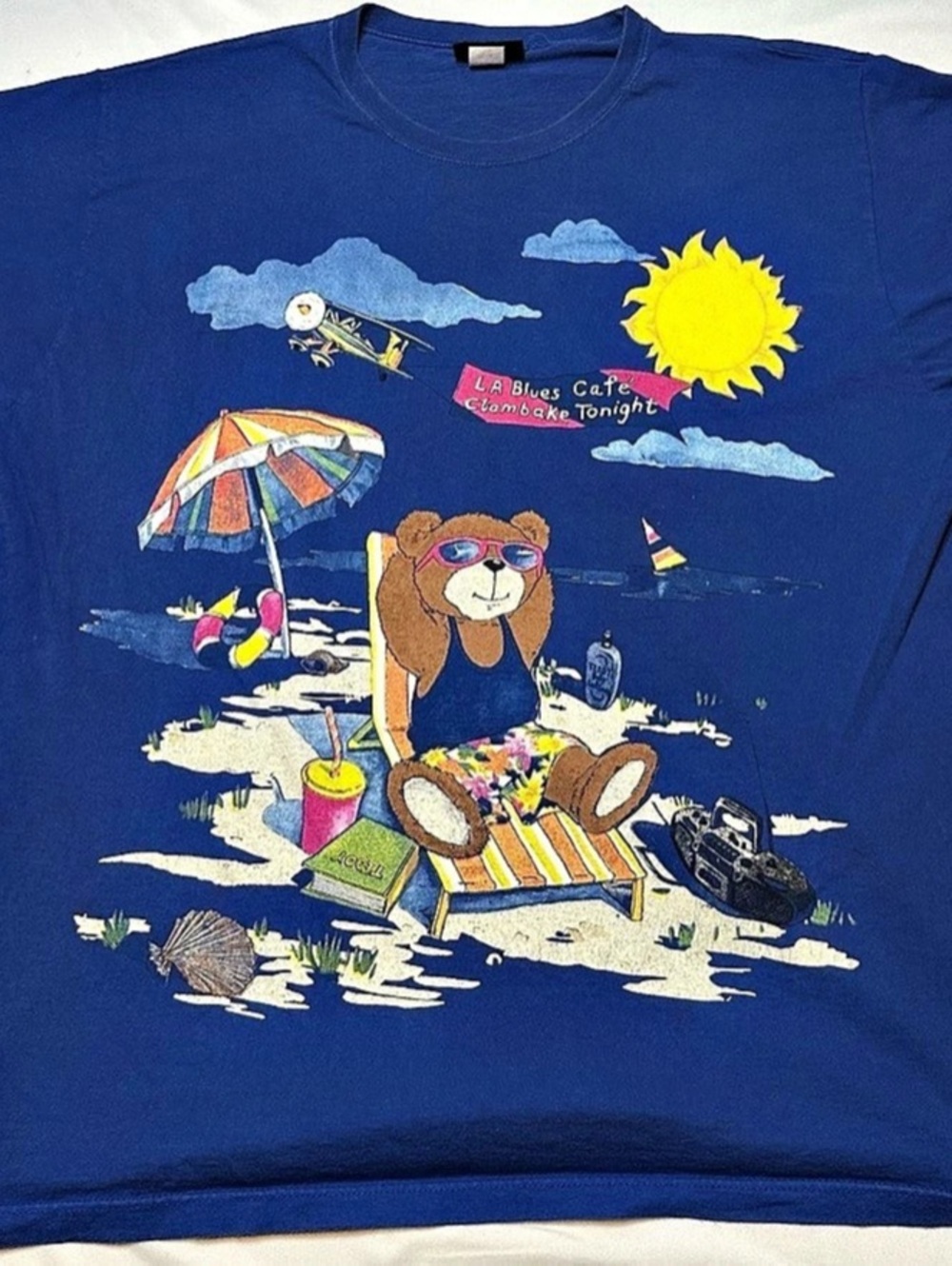 Vintage 90s L.A. Blues Cafe Beach Bear T-Shirt Royal Blue Men's 2X XXL